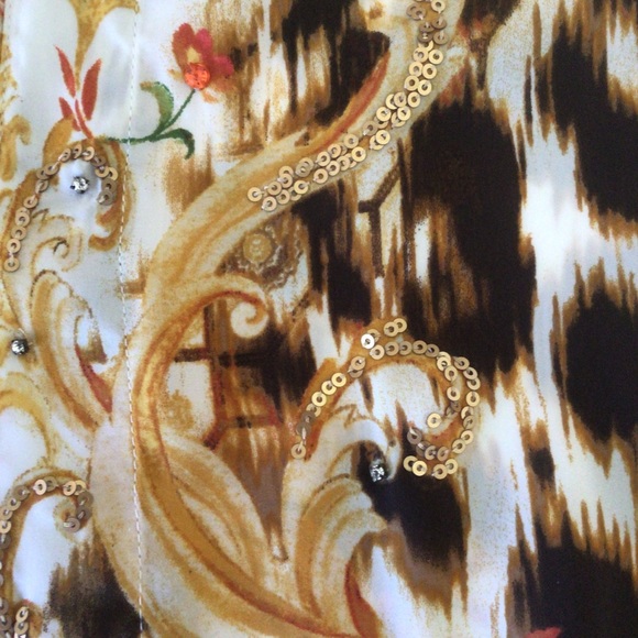 CHICOS SCROLL PATTERNED GOLD EMBELLISHED SILKY TUNIC SMALL - Picture 15 of 16